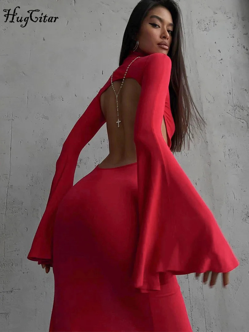 Hugcitar Turtleneck Solid Long Sleeve Backless Slit Sexy Slim Maxi Prom Dress Spring Women Clothes Birthday Party Y2K 250319