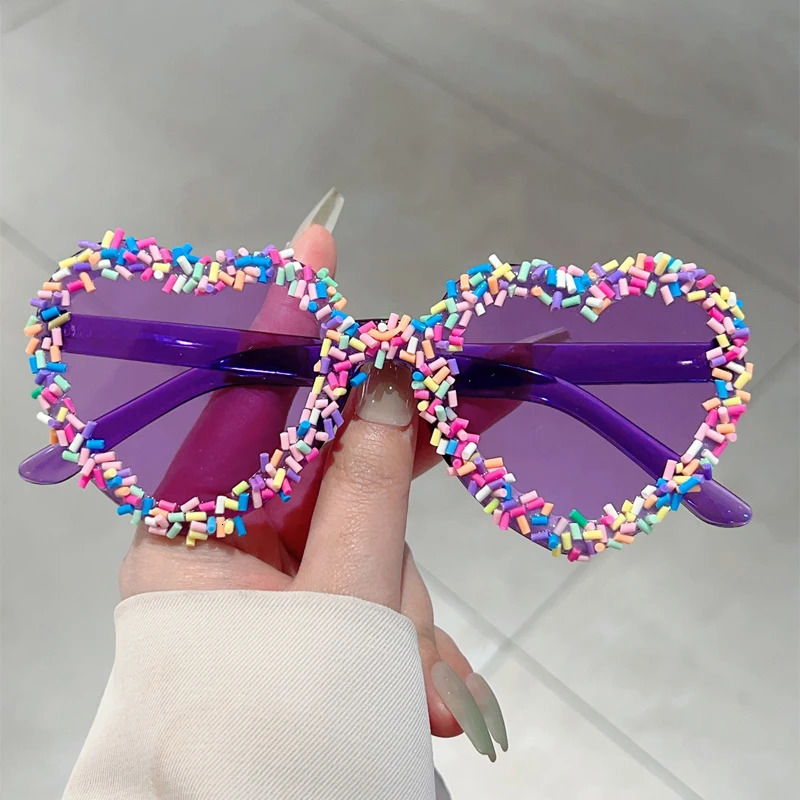 KAMMPT Heart Shape Sunglasses with Colorful Jimmies Women Stylish Cute Beach Sun Glasses Trendy Original Vacation Casual Shades 250320