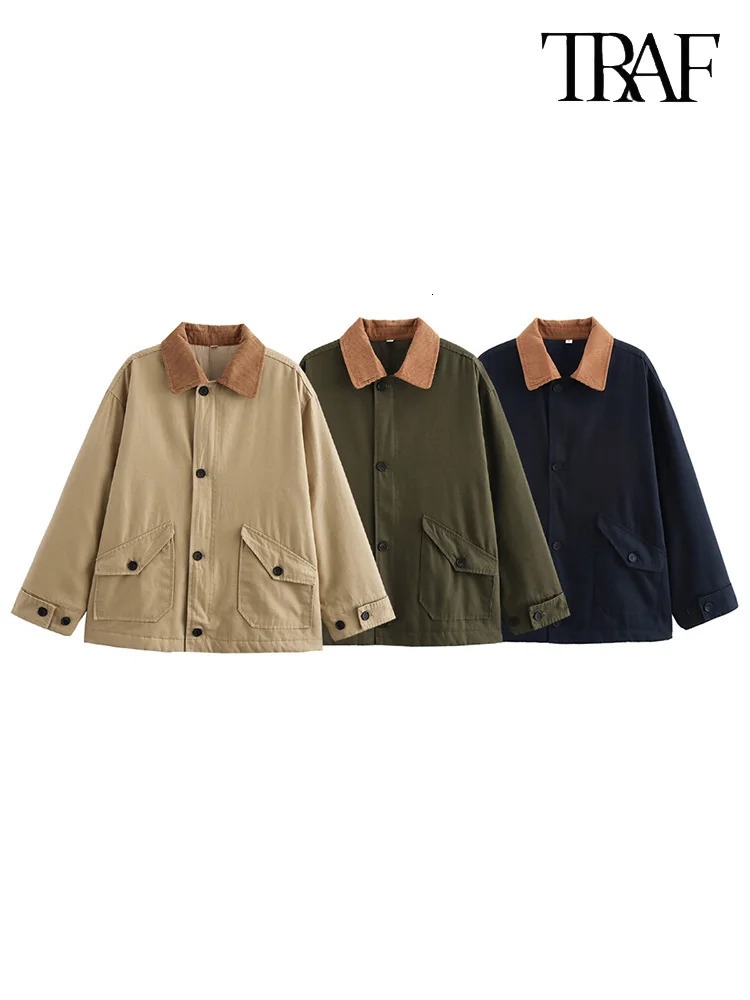 TRAF womens patch work concave convex color n single chest lapel jacket casual retro long sleeved warm cotton 250314