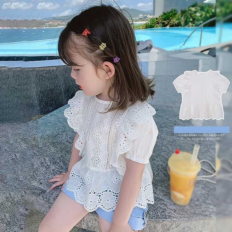 Summer girls clothing hollow round neck bubble sleeves short sleeves lace hollow breathable shirt childrens topT250320