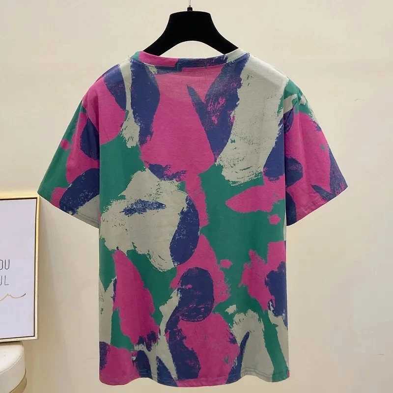 Tie Dye Printing Vintage O-Neck Pullover Short Sleeve T-Shirt Womens Blouse Shirt Korean Fashion Female Clothing Tops 2024T250319