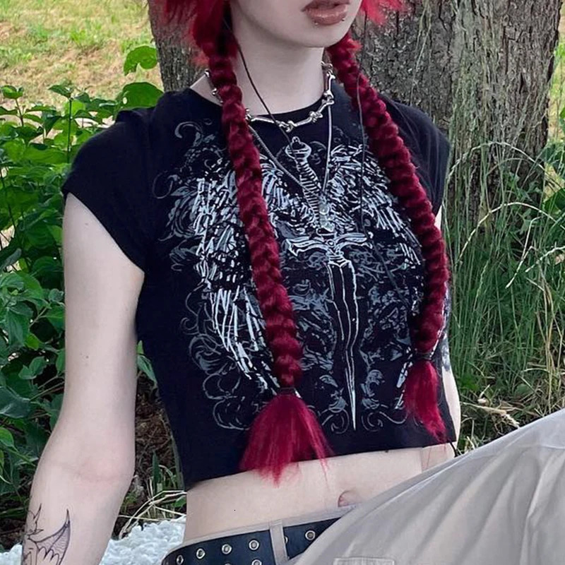 90s Harajuku printed T-shirt short sleeved tight top womens Y2K street wear exposed navel top 250320