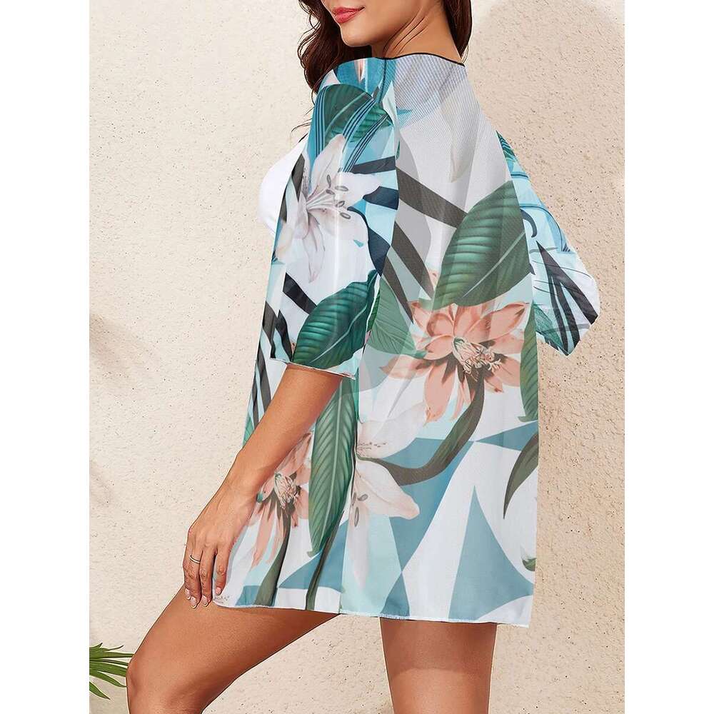 Women's 3-piece swimsuit, high-waisted bikini, printed, banrib, with kimono, for swimmers, 2025