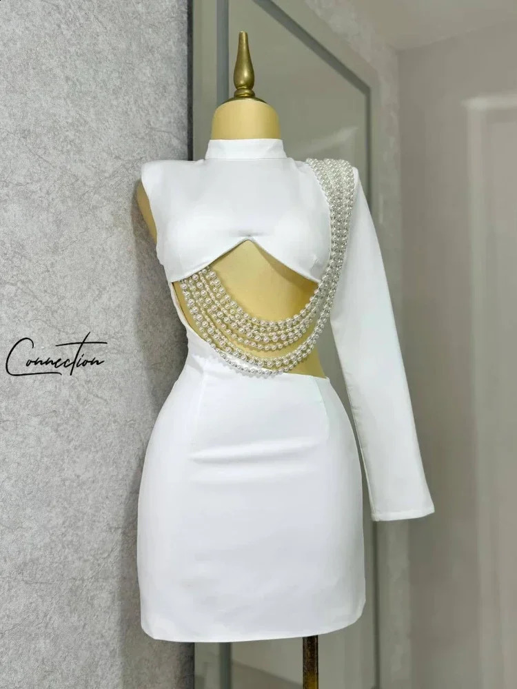 Laxsesu Women Full Sleeve Elegant O-neck Mini Dress Summer Pearl String Sexy Street Night Club Party Vestidos Dresses 250319