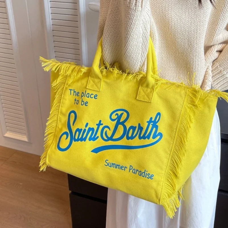Summer Selling Canvas Solid Color Womens Bag Large Capacity Printed Letter Tassel Splicing High-quality Handbag 250314
