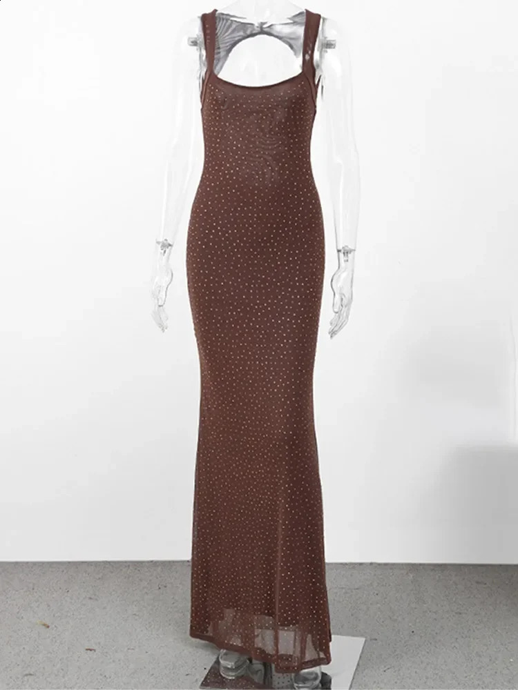 Elegant Bead Mesh Patchwork Long Dress For Women Backless Oneck Sleeveless Slim Robes Shiny Party Club Sexy Dresses 250317
