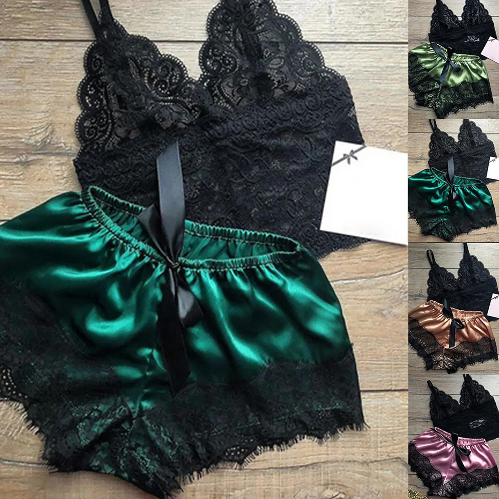 2Pcs Sexy Pajama Set Women Sexy Lace Patchwork Satin Silk Spaghetti Strap Top Shorts Pajama Women Sleepwear Femme Pijamas 250320
