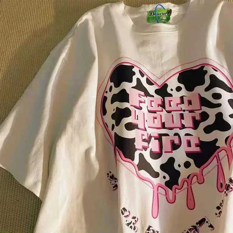 Kawaii Womens T-shirt with letter embroidery short T-shirt oversized casual retro print Y2k top graphic T-shirt Gothic styleT250320