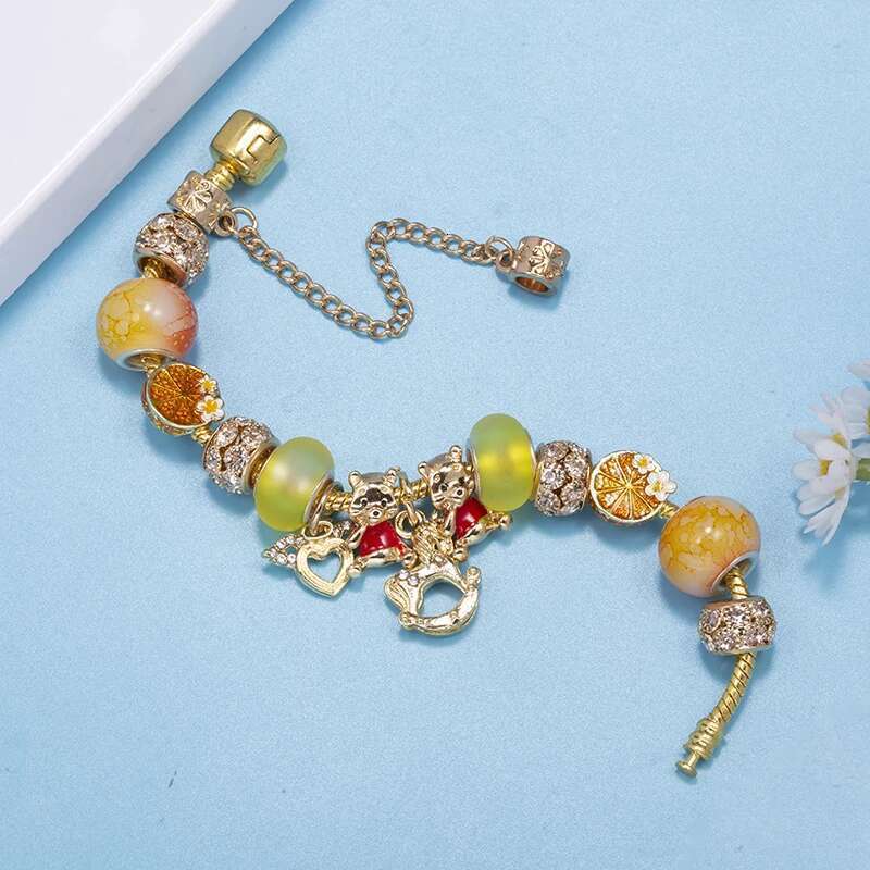 Gold Color Bear Tangerine Beads Charm Bracelets Fits diy Fashion Brand Bracelet Bangles For Women Bijoux Pulseras Jewelry Gift