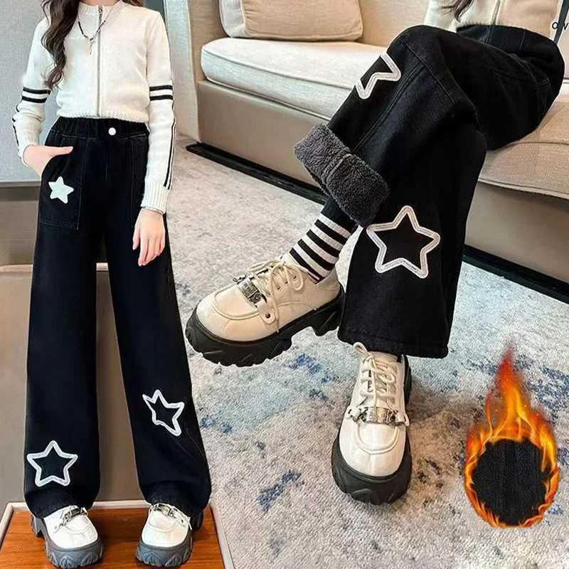Girls Thick Warm Pants with Velvet Winter Loose Trouser Childrens Apron Lambswool Wide Leg Pants Childrens New ClothesT250326