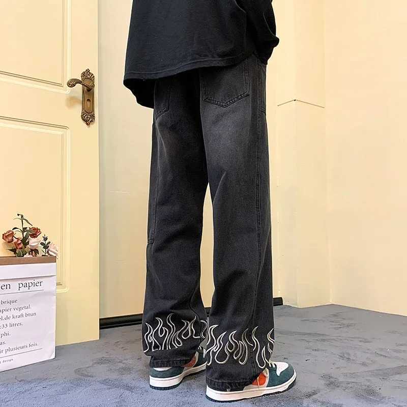 2024 new autumn mens street hip-hop loose wide leg pants Y2k Harajuku style pocket straight jeans black blueT250319