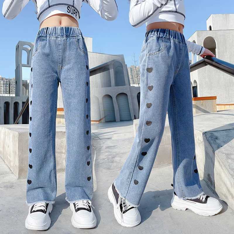 Spring Autumn Girls Jeans for Teen Children Heart Print Jeans Loose Wide Leg Pants Kids Denim Trousers for Girls 6 8 10 12 YrsT250326