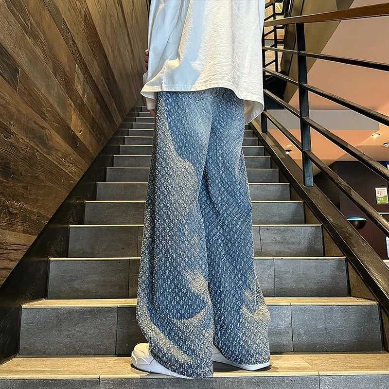 2024 Mens Jeans Fashion Hombre Jacquard Pattern Denim Pants Mens Straight Pair Loose Bottom Mens JeansT250319