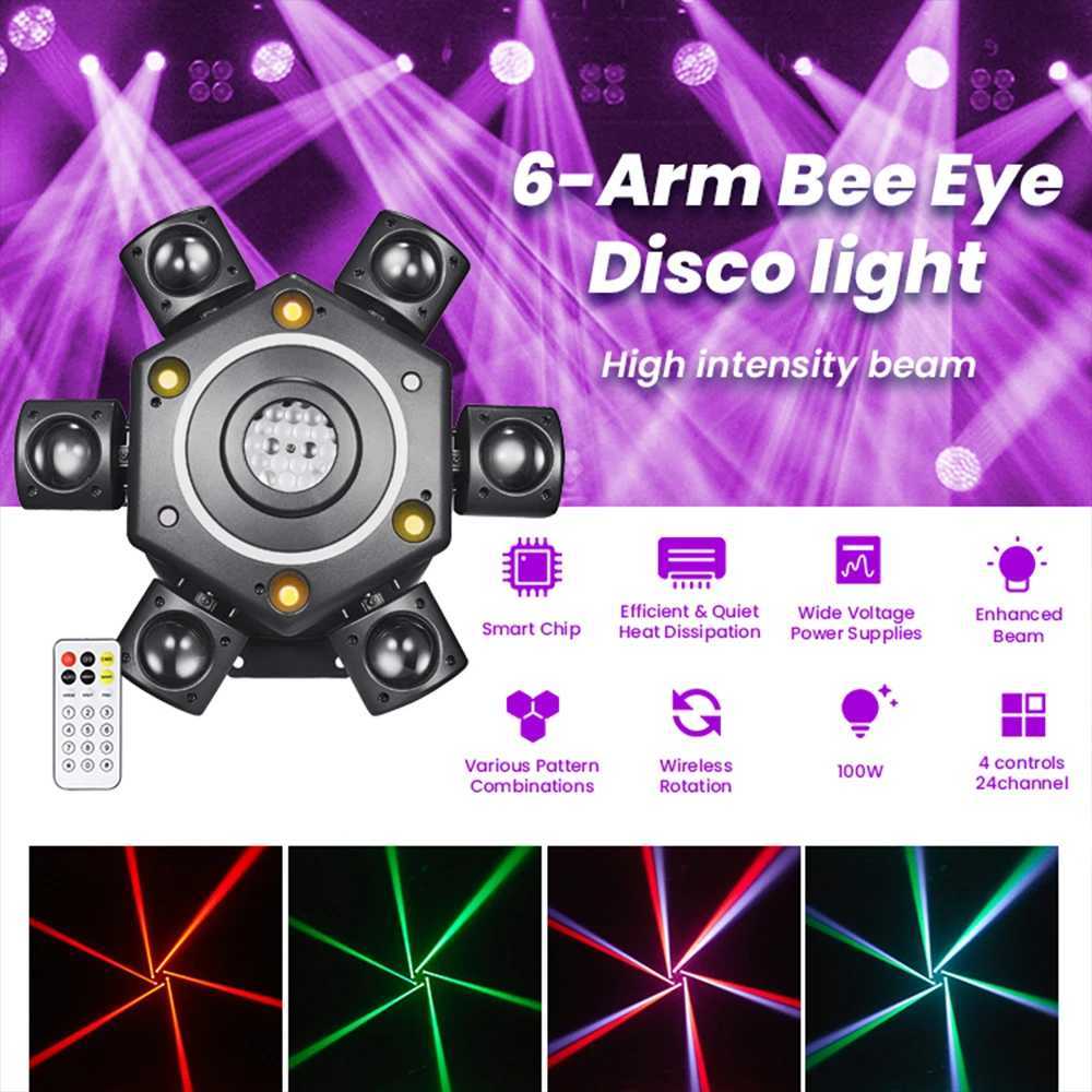 Professional 100W Lyre Beam Mobile Heads 6 Arm Bee Eye Moving Head RGBW Rotating Disco Ball DMX DJ Party Nightclub Stage Light Z250320