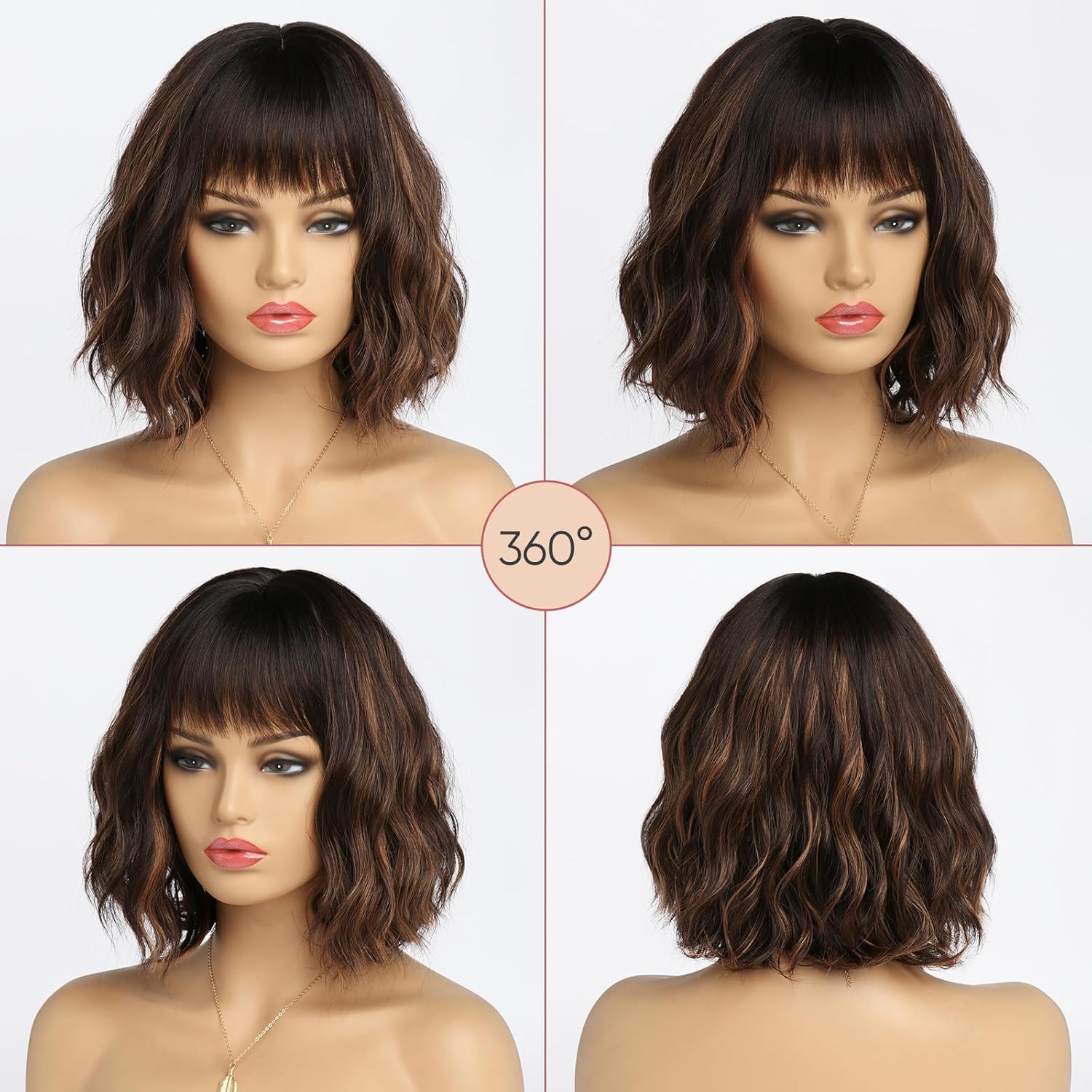 Short Brown Highlight Wigs for Women Ombre Dark Brown Mixed Gold Wig Highlights with Bangs Medium Length Synthetic Hair Wavy Bob Wig Colorful Wigs