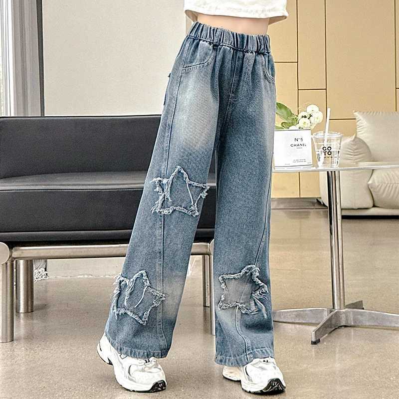Teenagers School Childrens Trousers Spring 2024 Star Design Casual Loose Jeans Girls Elastic Waist Fashion Childrens Straight PantsT250326