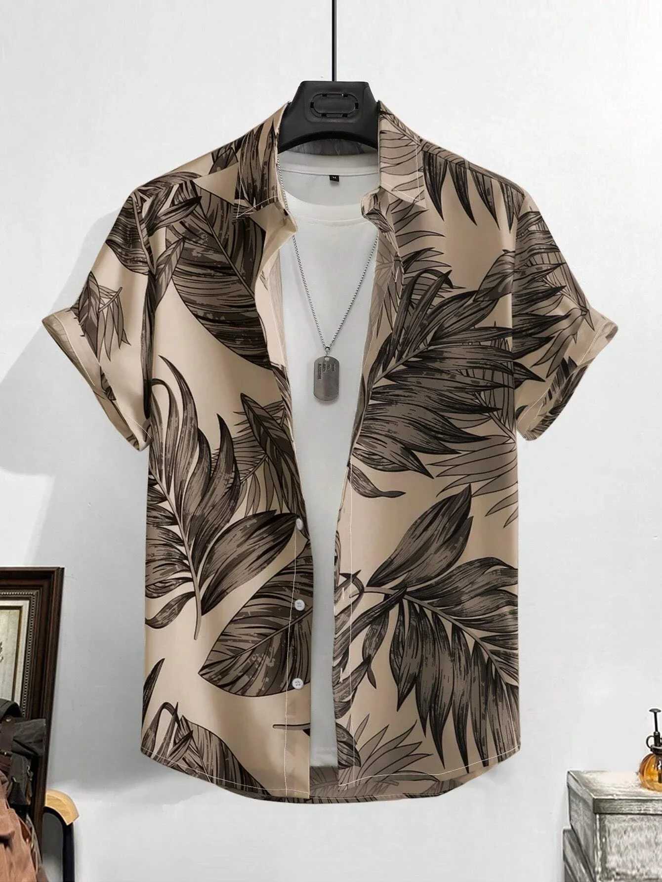 Leaf Tropical Mens Resort Hawaii 3D Printed Shirt Outdoor Vacation Beach Summer Lawn Short Sleeve Spandex Hawaiian Shirt M250320