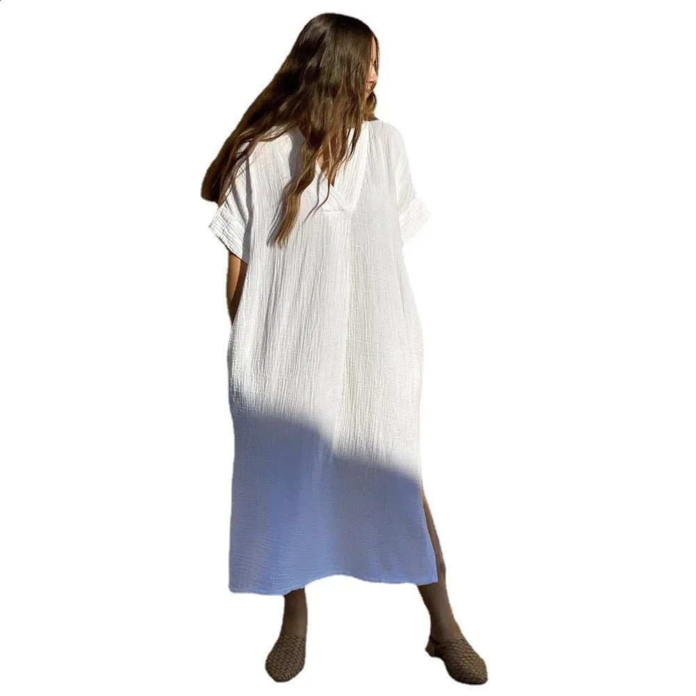 Beach Cover-ups for Women Solid Color Sexy V-neck Short Sleeve Loose Long Robe Dress Sun Protection Beachwear PZMZ09 250319
