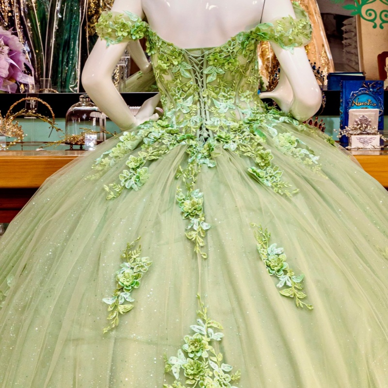 Sage Green Shiny Off Shoulder Quinceanera Dresses Applique Flower Beading Tull Party Birthday Sweet 16 Dress Vestidos 15 De Anos