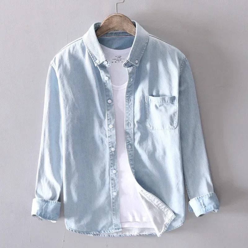 100% Cotton Autumn Long-sleeved Denim Shirt Men Fashion Casual High Street Male Clothes Top Classic Light Blue Black Gray 250320