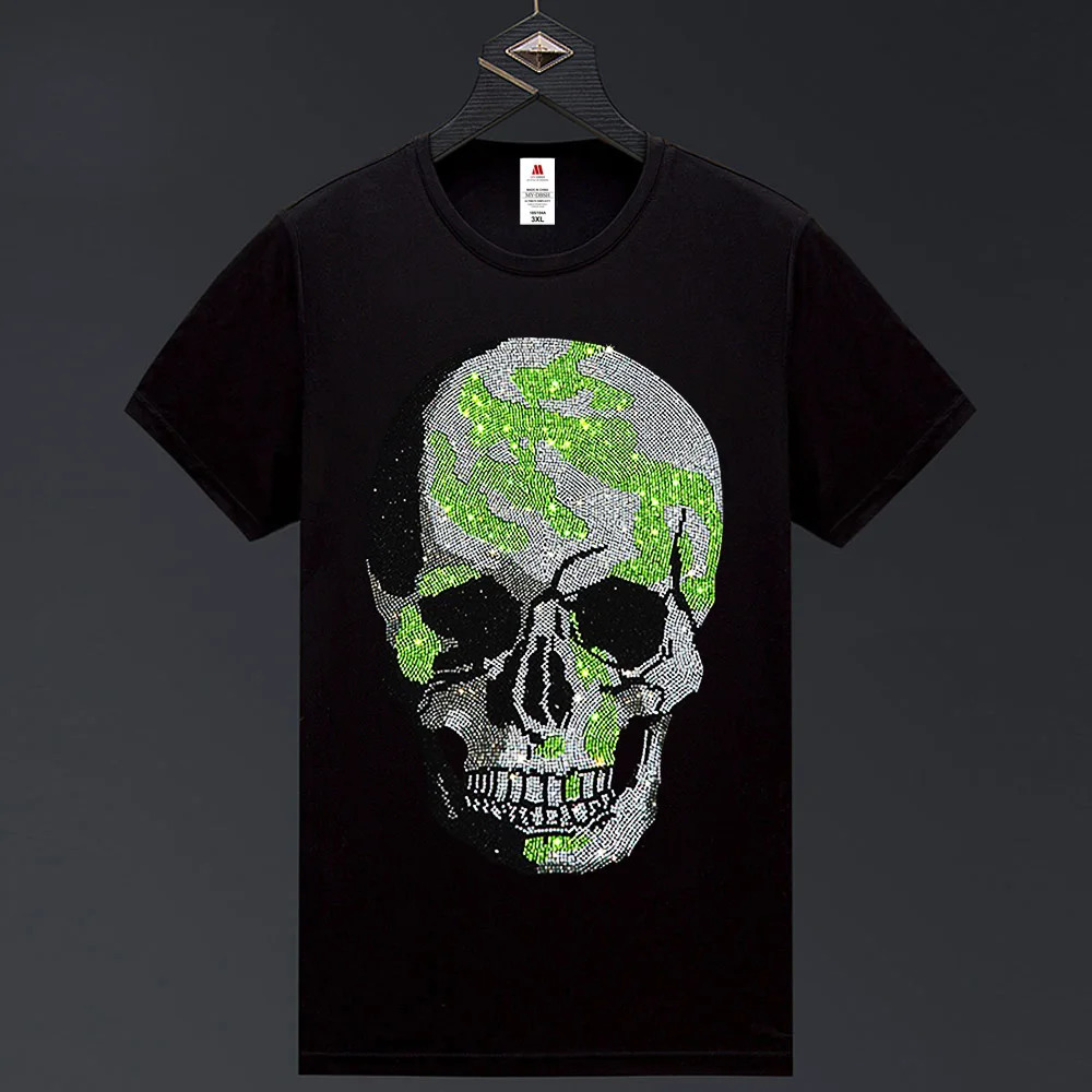 Summer Cotton T Shirts For Men Green Skulls Diamonds T-Shirt Man Black Tshirt Short Sleeve Casual Male Tee Tops S-5XL 250318