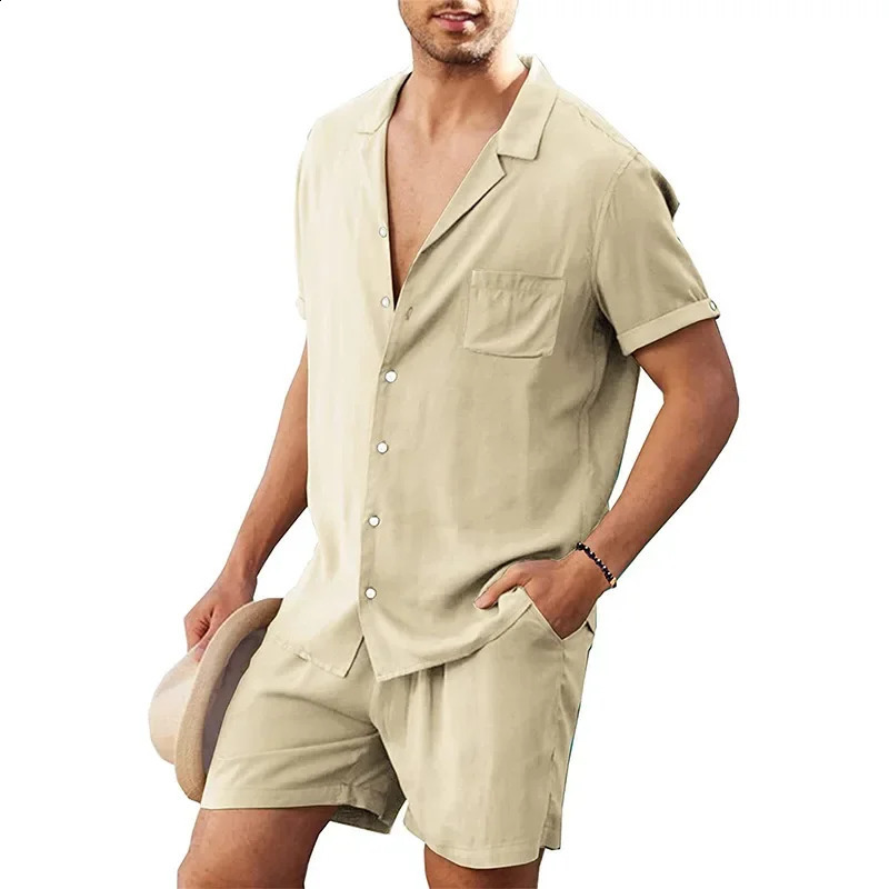 ropa hombre mens linen short sleeved shirt set linen summer loose casual cotton cardigan shirt shorts 250319