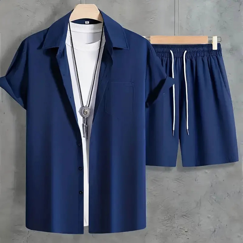 Mens Shirt T-shirt Two-piece Summer Fashion Solid Colour Plus Size Suit Quick-drying Breathable Mens Travel Office Clothing 250319