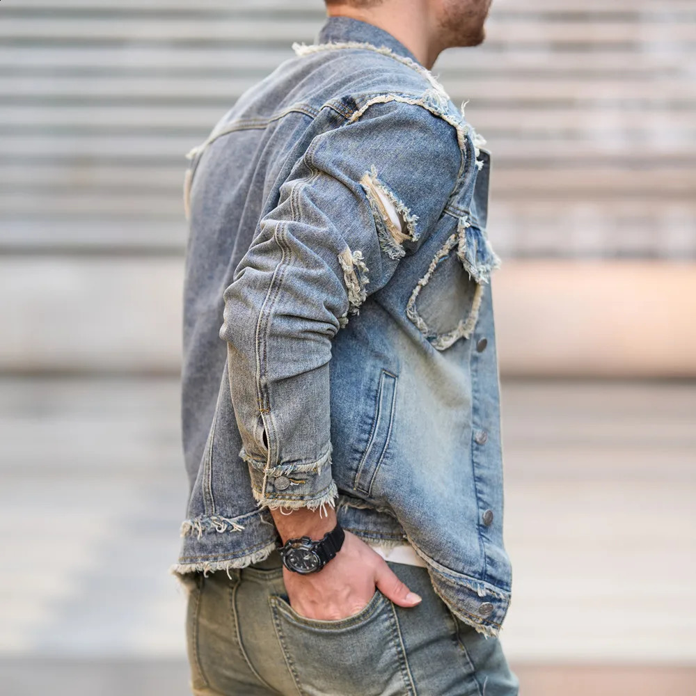 Men Autumn Streetwear Fashion Solid Ripped Slim Denim Jacket High quality Male Holes Casual Coat 250317