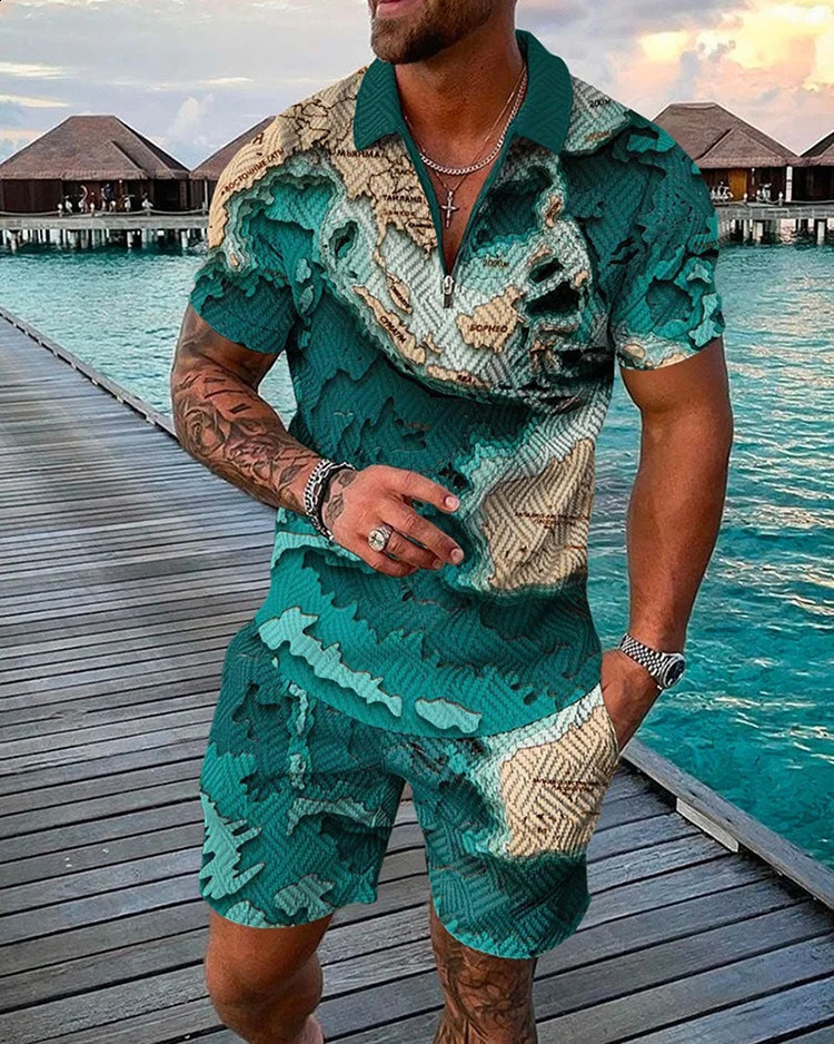 Summer trend printed mens track set casual zipper collar polo shirtshorts 2-piece set color printed streetwear mens clothing 250318