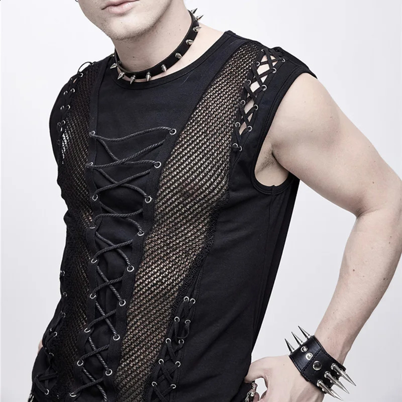 Summer Fashion Rock Punk Sleeveless T-shirt Hollow Belt Mens Tank Top Sexy Performance Transparent Tank Top 250318