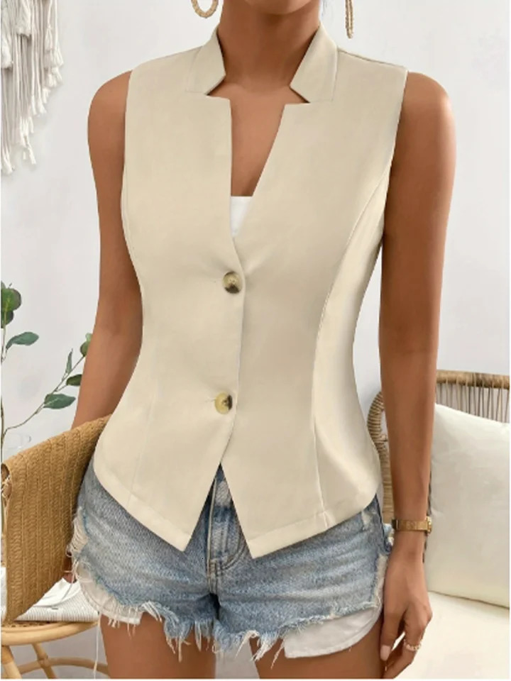 Solid color button short sleeved sleeveless lapel womens suit jacket street fashion daily elegant summer top 250314