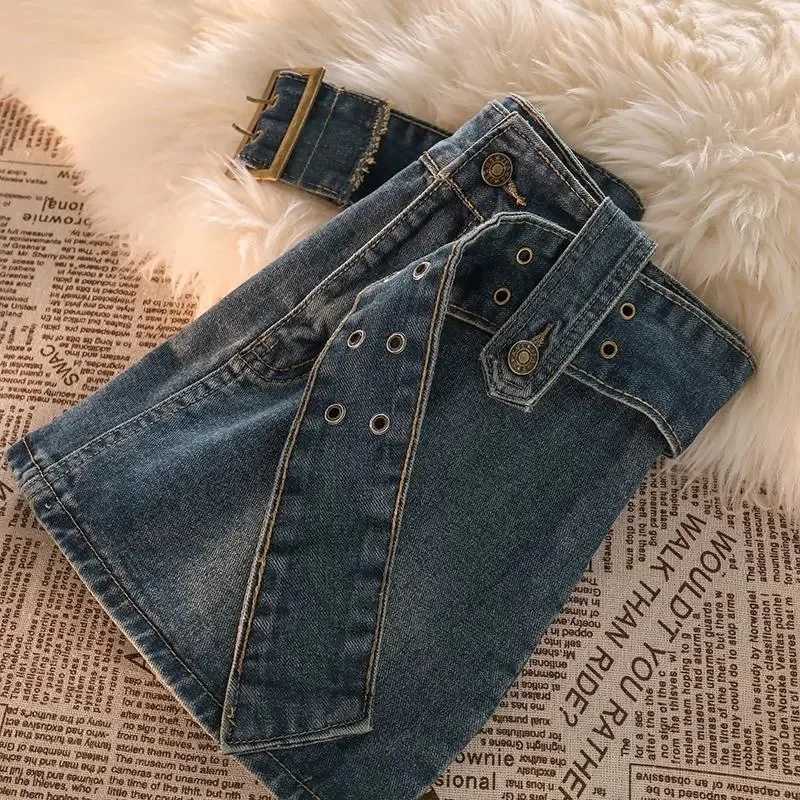 Retro Womens Denim Mini Leather Goods Summer Solid Belt Sexy Jeans Leather Goods Fe Casual Clothing Korean Ultra Thin A-line Leather Goods NewXJ250320