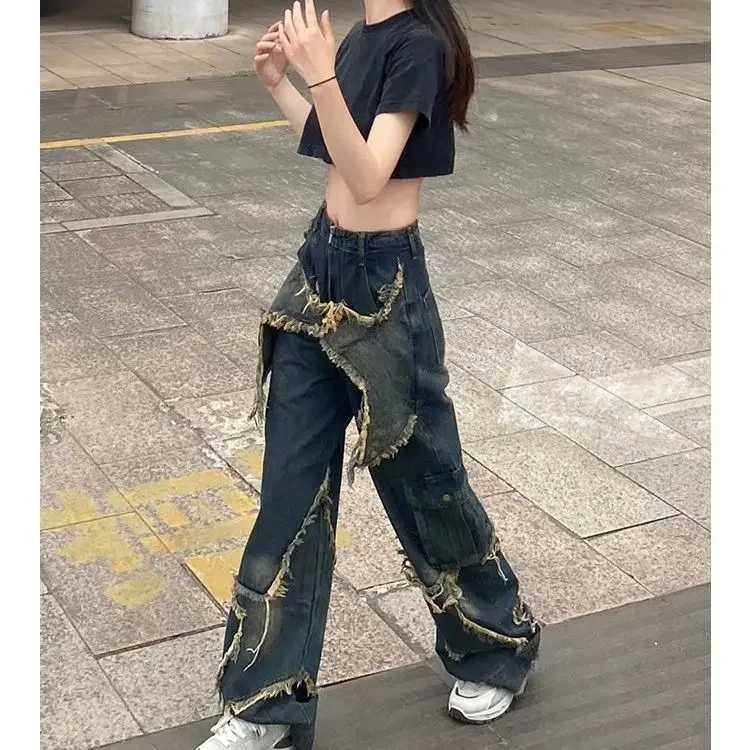 Starry Fringewashing Jeans Loose-Fit Straight-Leg Pants Hip Hop Style For Dancing Men And Women Couple Long Pants American StyleT250319