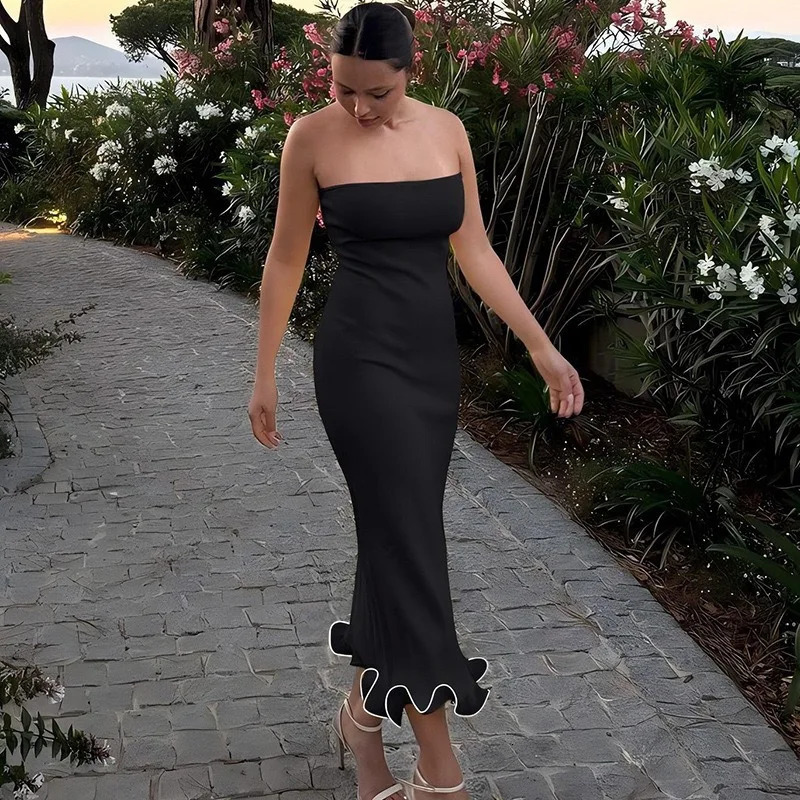 womens strapless slim fit bag long dress with ruffled hem sexy and elegant party night out summer club outfit 250320