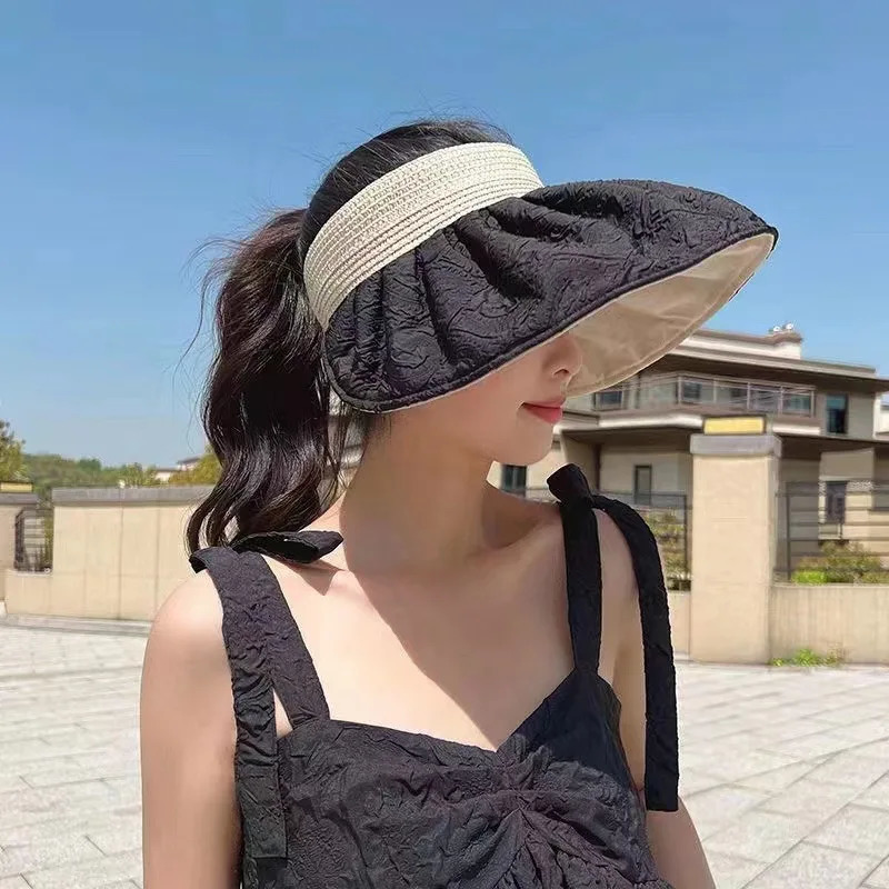 Summer travel sunshade sunblock hat large eaves anti-UV temperament all empty top hat tidal sun hat childrens straw hat 250320