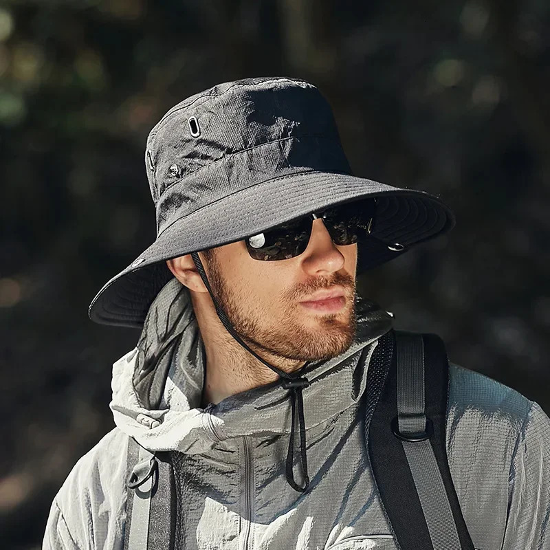 Summer Bucket Hat for Men Fisherman Cap Fishing Outdoor Sunshade Big Brim Sunscreen Riding Hiking Suncreen Sunhat 250320