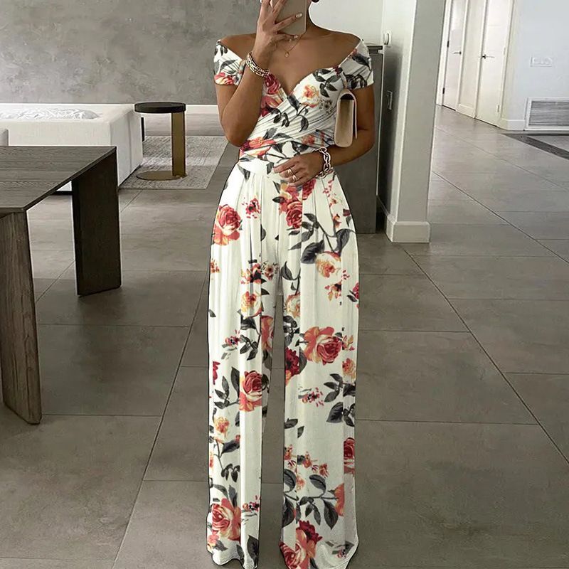 Womens Clothing Fashion Temperament Elegant Commuting Printed Wide Leg Jumpsuit