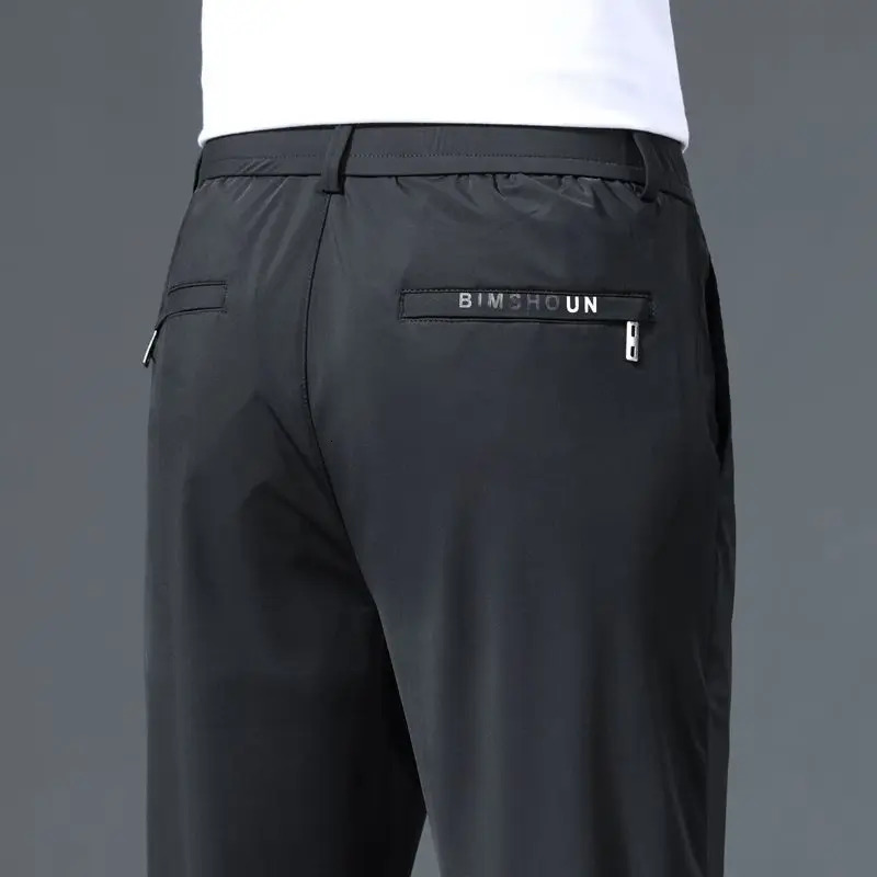 Summer Business Ice Silk Pants Straight Elastic Waist Black Grey Trouser Breathable Simple Mens Clothing Casual 250320