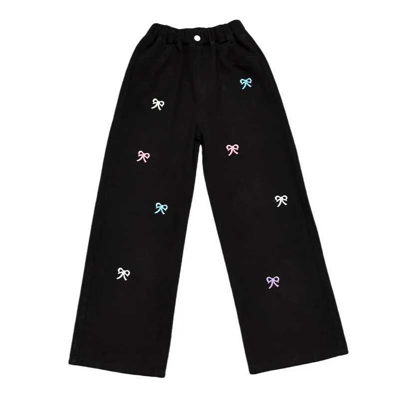 Girls jeans for spring and autumn Korean casual bow embroidered denim pants fashionable elastic waist tight pants new arrivals in clothingT250326