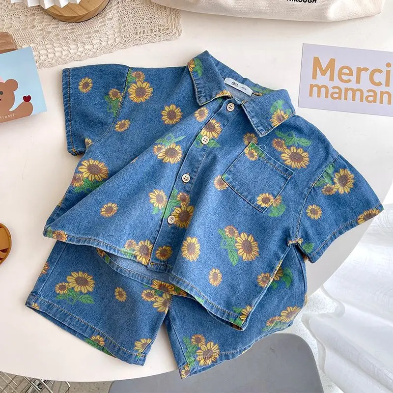 Summer Girls Boys Casual Two Pieces Jeans Suit Baby Kids Children Denim Clothing Set Blouse Shorts 250319