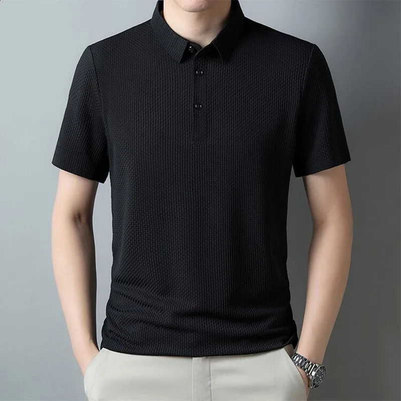 Summer Mens Short sleeved Polo Shirt High Quality Ice Silk Breathable Business Fashion T-shirt High Elastic Soft Polo Shirt 250319