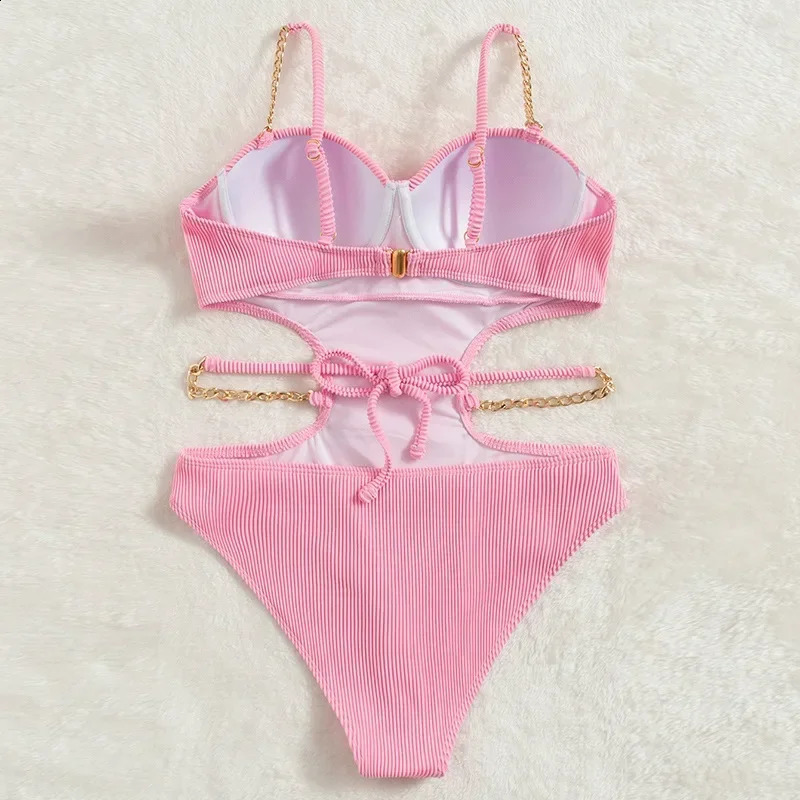 Sexy Push Up Underwire One Piece Swimsuit Women Solid Pink Metal Chain Hollow Out Ribbed Bathing Suit Backless Swimwear Monokini 250319