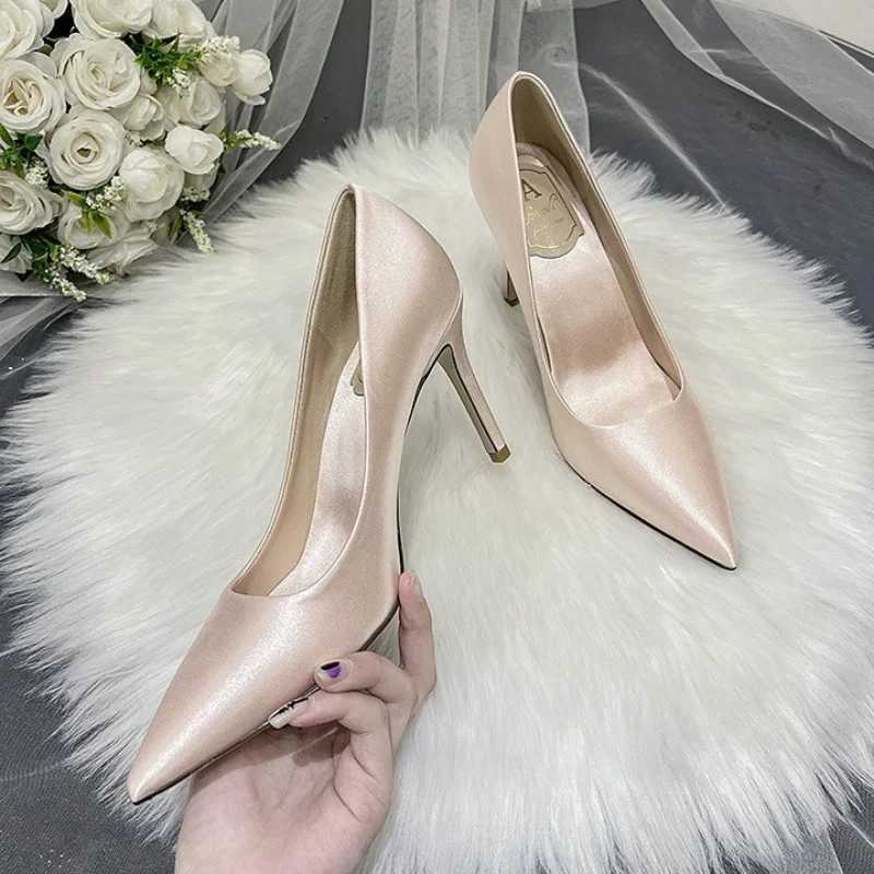 2025 Wedding Shoes White High H Temperature Fine High Heels Satin Dress Single Shoes Champagne Bridesmaid Pump Y250319