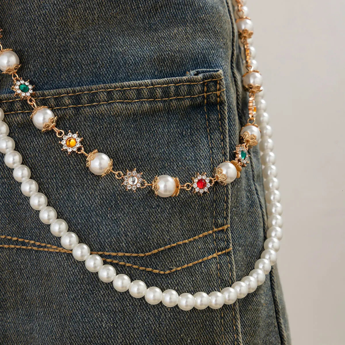 IngeSight.Z Fashion Pearl Rhinestone Flower Jeans Chain Keychain Men Women Trousers Hipster Pant Chain HipHop Jewelry 250320