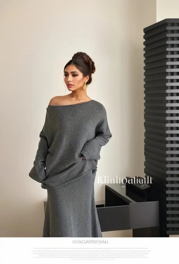 Hirsionsan sexy soft elegant retro womens set 2piece slanted neck sweater and Midi dress OL style knitted track 250320