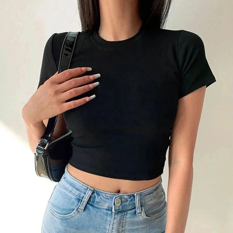Short Sleeve T-Shirt Women Solid Simple Casual Soft All-Match Basic Crop Tops Tees Summer Fashion Skinny Tops Black White 250320