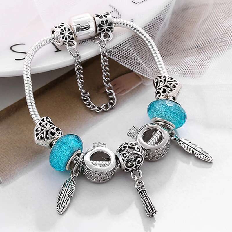 Romantic DIY Charm Bracelets With Crown & Feather Pendant Beads Brand Bracelets for Women Couple Jewelry Gift 2021 New