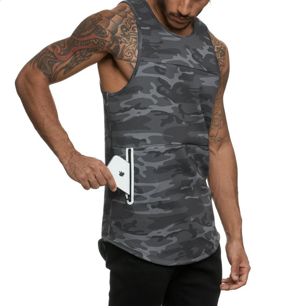 Mens Zipper Sleeveless Camouflage Black Tank Top for Summer Breathability Quick Drying Tight Fitness Underwear 250319