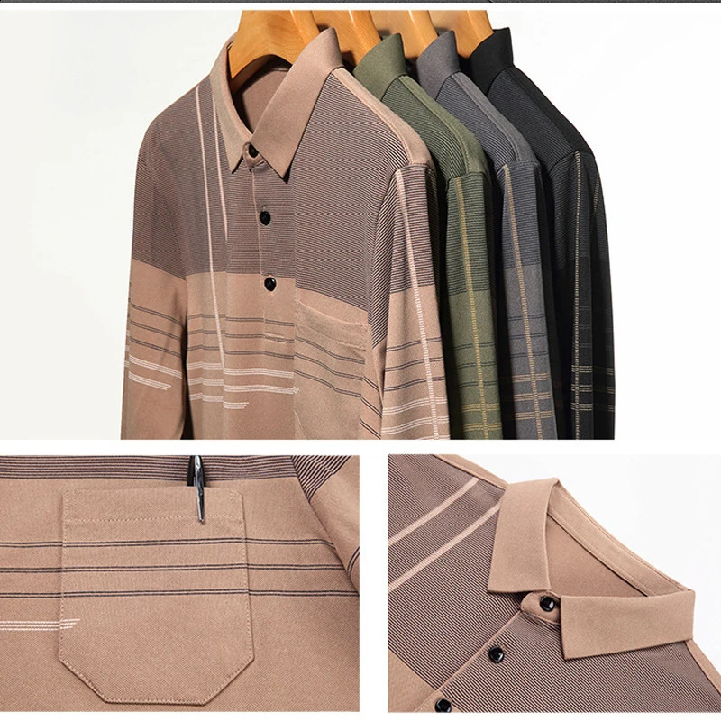 mens polo shirt long sleeved collar fashionable spring and summer thin casual loose top striped streetwear 250318