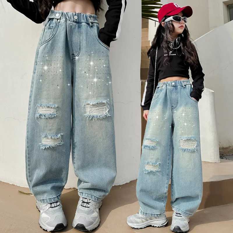 Girls torn denim wide leg pants childrens jeans girls high waisted loose casual style childrens clothing spring and autumn TrouthersT250326